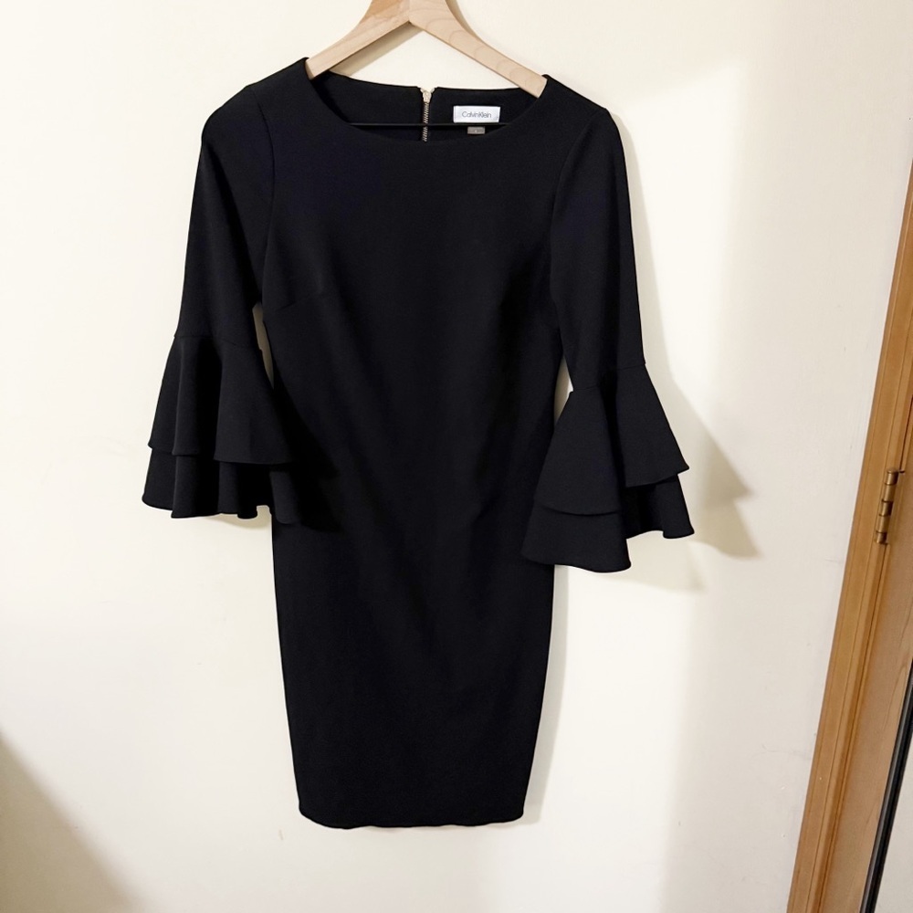 Calvin Klein Womens Black Sheath Dress Size 4 Ruffle Sleeve Business Office
